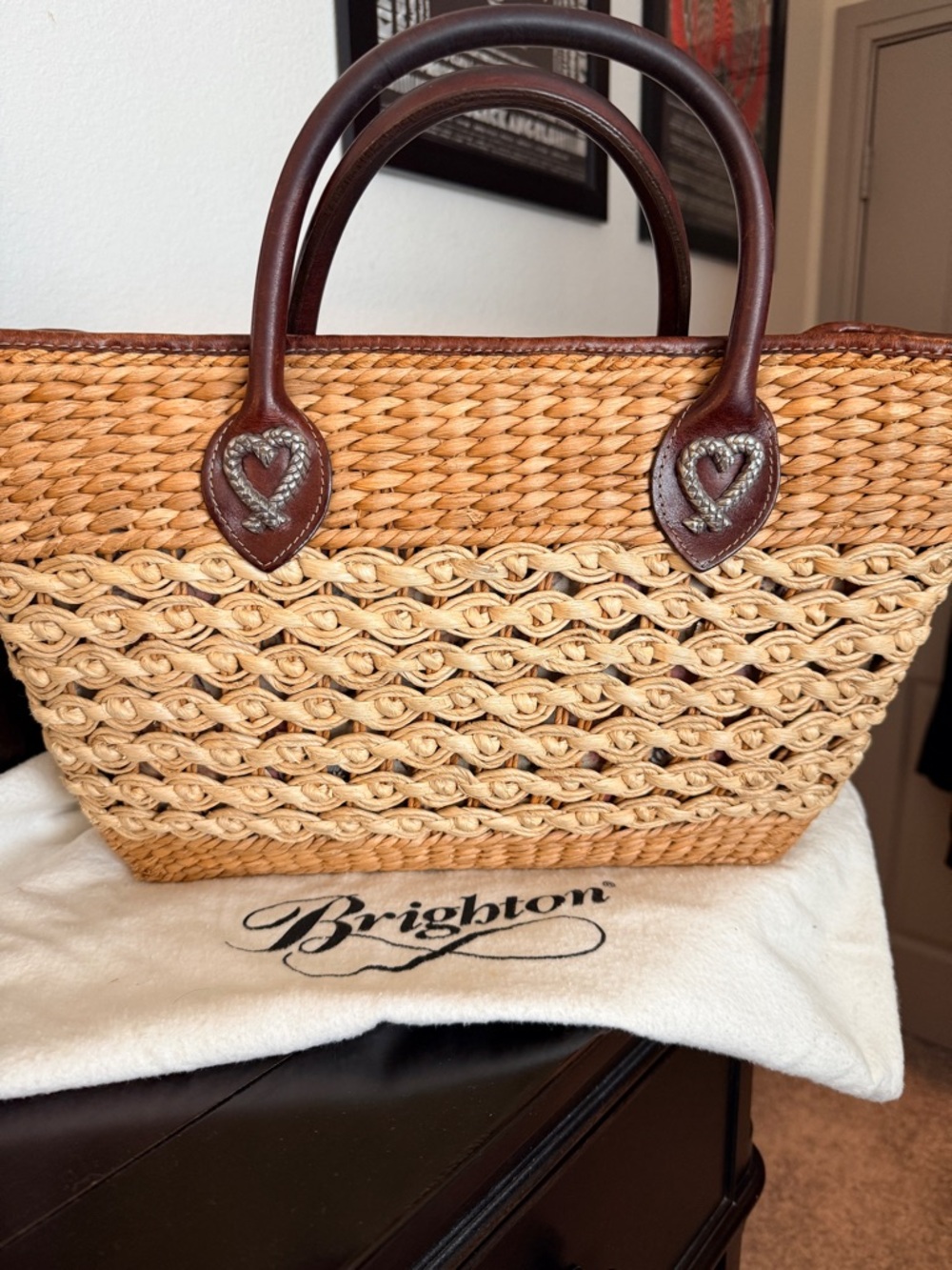 Brighton Natural Straw Tote with Brown Leather Heart Handles